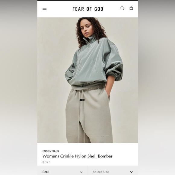 Fear of God Essentials Womens Crinkle Nylon Shell Bomber in Seal - Picture 1 of 3